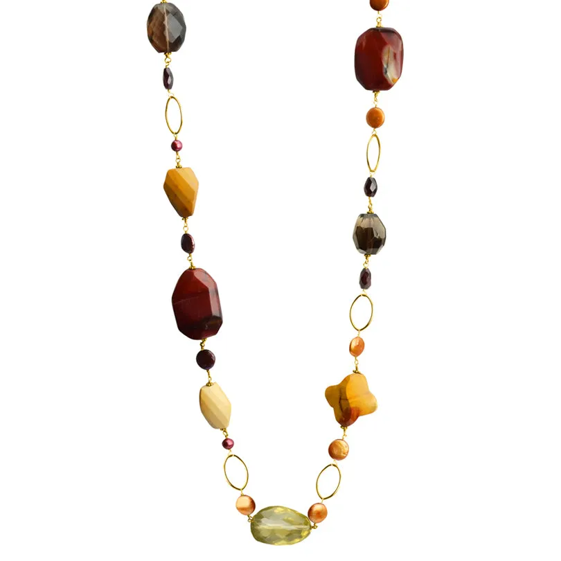 Gorgeous Natural Stones Gold Filled Statement Necklace 40"