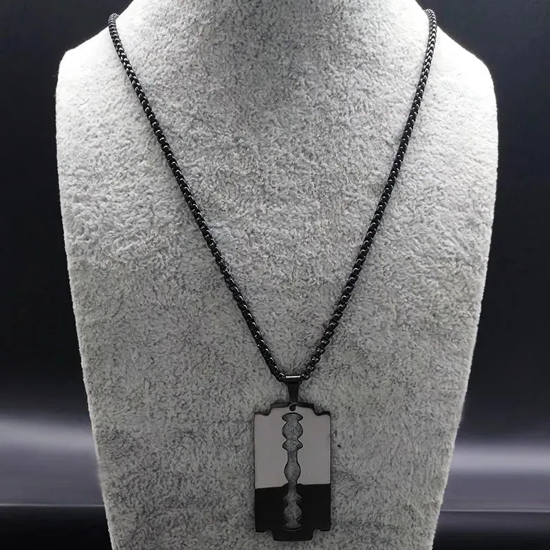 Gothic Blade Razor Pendant Necklaces Men Stainless Steel Black Goth Man Chain Necklace Grunge y2k Jewelry collier homme N423S01