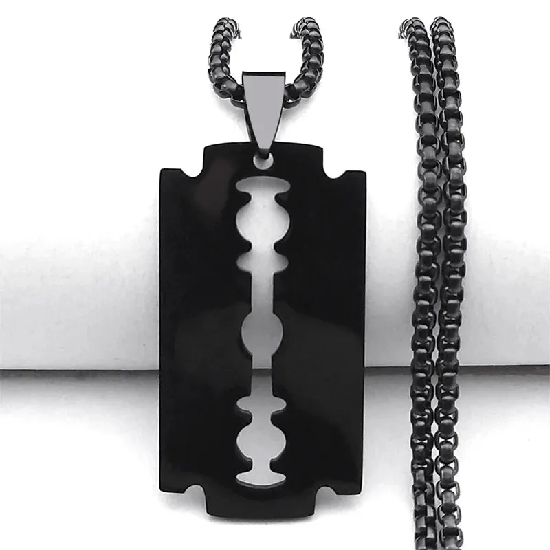 Gothic Blade Razor Pendant Necklaces Men Stainless Steel Black Goth Man Chain Necklace Grunge y2k Jewelry collier homme N423S01