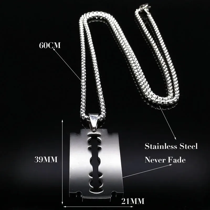 Gothic Blade Razor Pendant Necklaces Men Stainless Steel Black Goth Man Chain Necklace Grunge y2k Jewelry collier homme N423S01