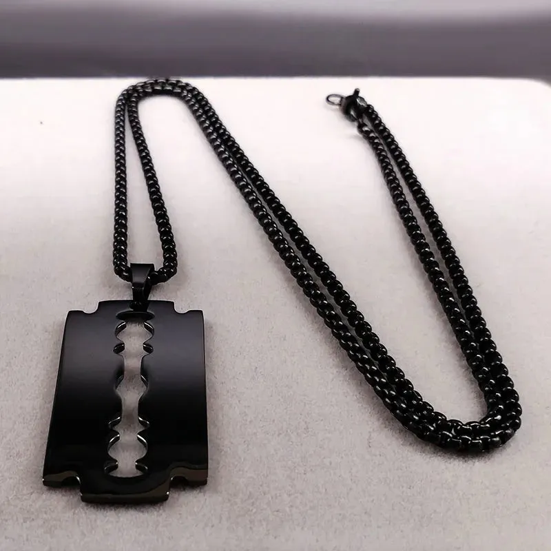 Gothic Blade Razor Pendant Necklaces Men Stainless Steel Black Goth Man Chain Necklace Grunge y2k Jewelry collier homme N423S01