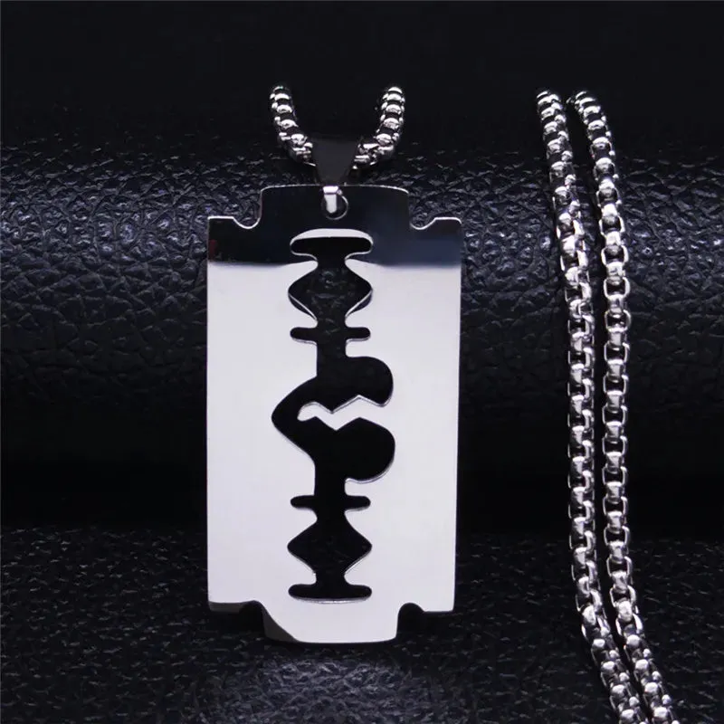 Gothic Blade Razor Pendant Necklaces Men Stainless Steel Black Goth Man Chain Necklace Grunge y2k Jewelry collier homme N423S01