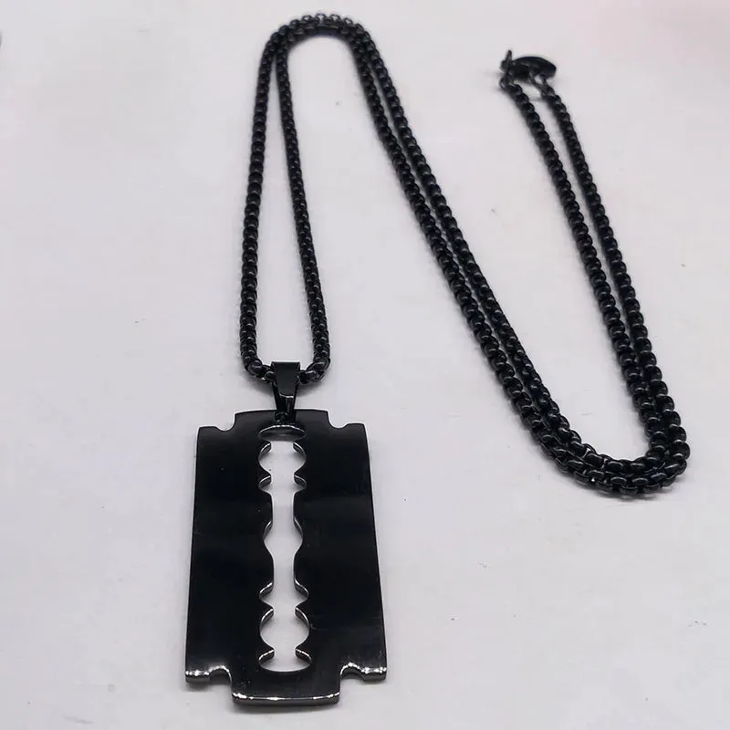 Gothic Blade Razor Pendant Necklaces Men Stainless Steel Black Goth Man Chain Necklace Grunge y2k Jewelry collier homme N423S01