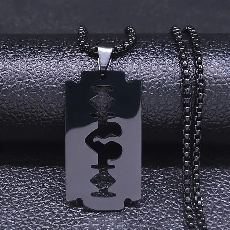 Gothic Blade Razor Pendant Necklaces Men Stainless Steel Black Goth Man Chain Necklace Grunge y2k Jewelry collier homme N423S01