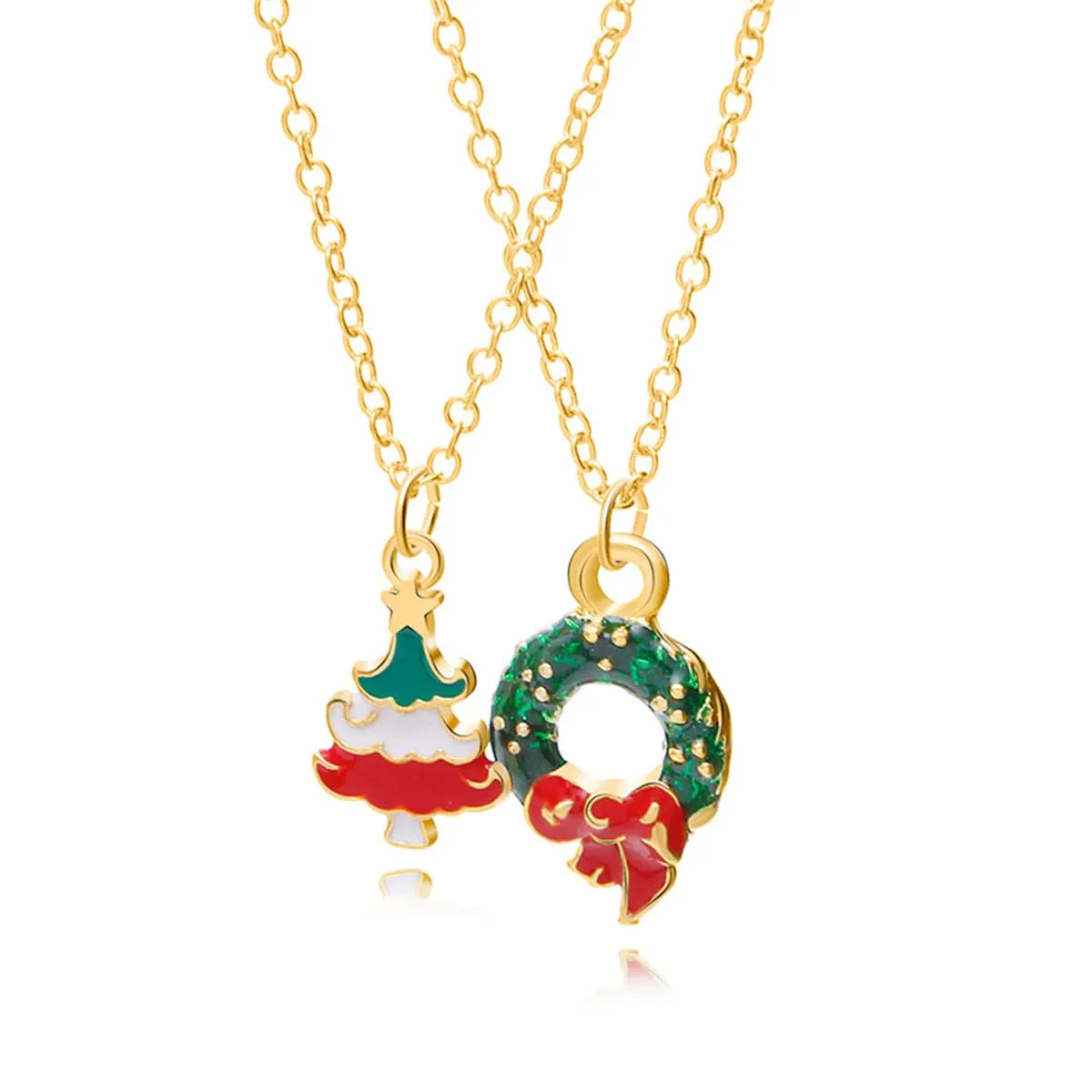 Green Enamel & 18K Gold-Plated Christmas Wreath & Tree Pendant Necklace Set