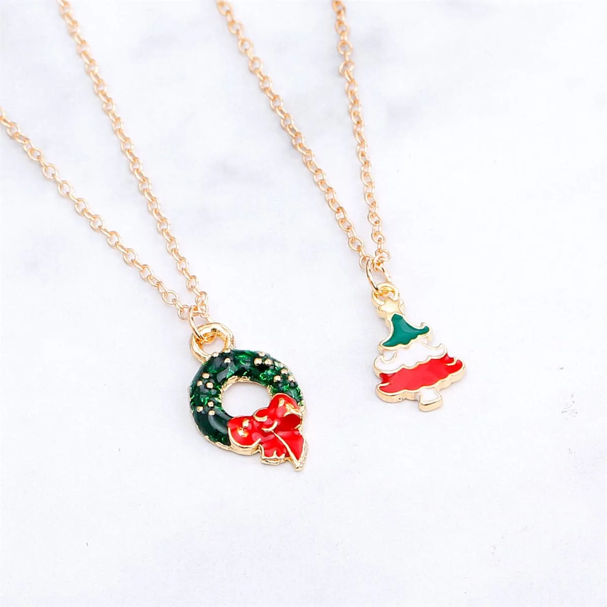 Green Enamel & 18K Gold-Plated Christmas Wreath & Tree Pendant Necklace Set