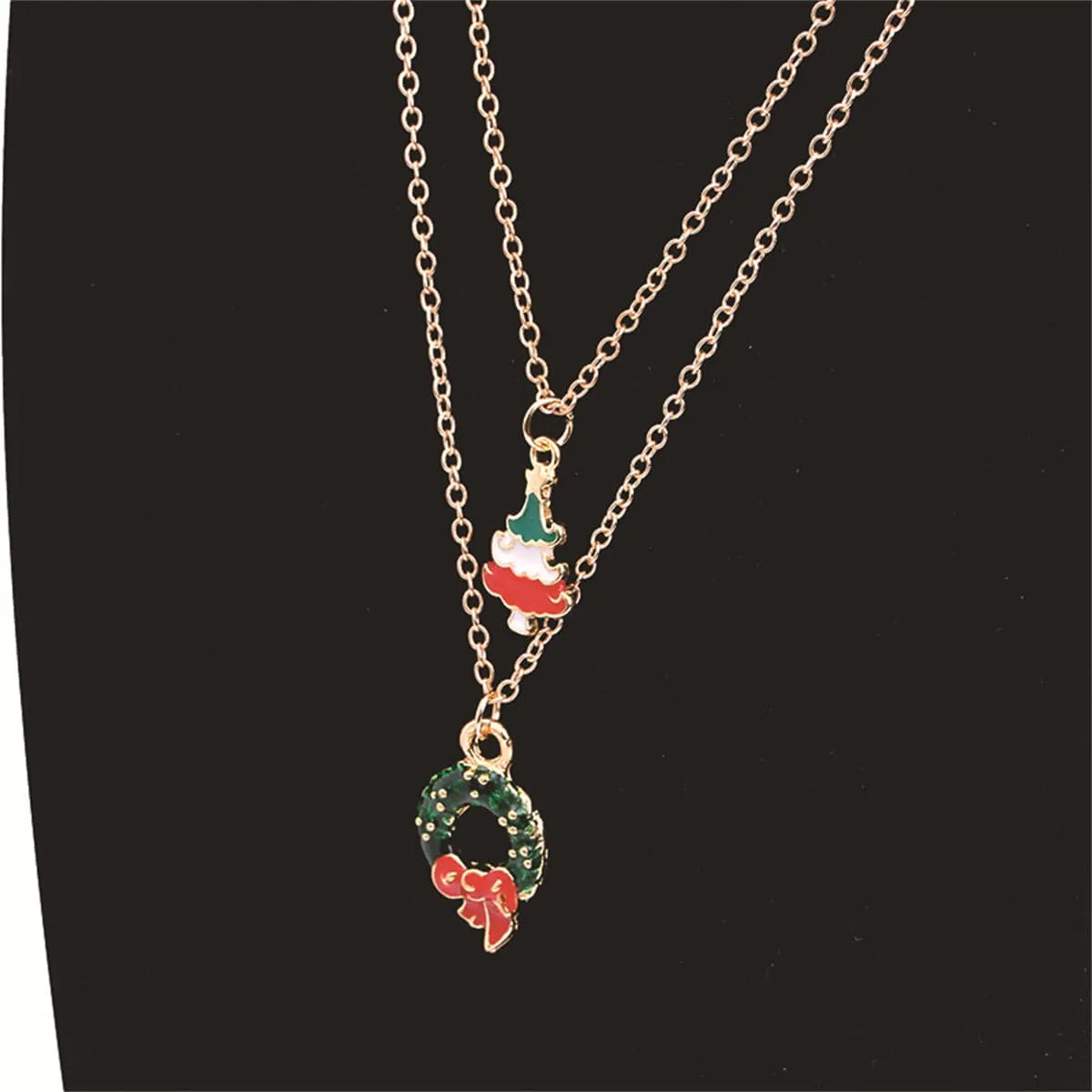 Green Enamel & 18K Gold-Plated Christmas Wreath & Tree Pendant Necklace Set