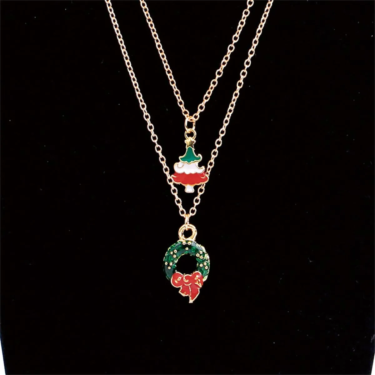Green Enamel & 18K Gold-Plated Christmas Wreath & Tree Pendant Necklace Set