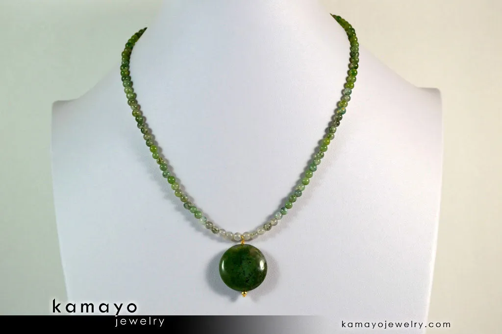 GREEN MOSS AGATE NECKLACE - Coin Pendant and Round Beads
