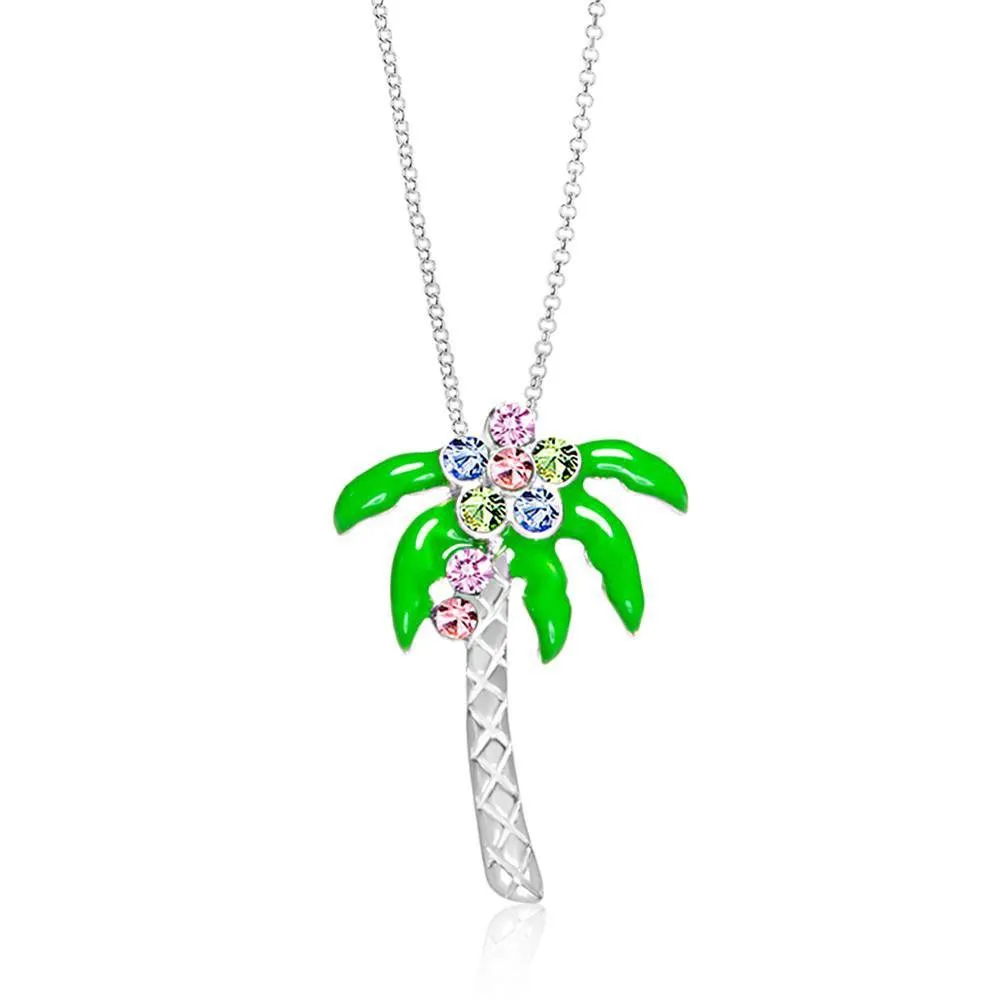 Green Palm Tree Enamel Multi-colored Crystal White Gold Palladium Plating Girl's Pendant