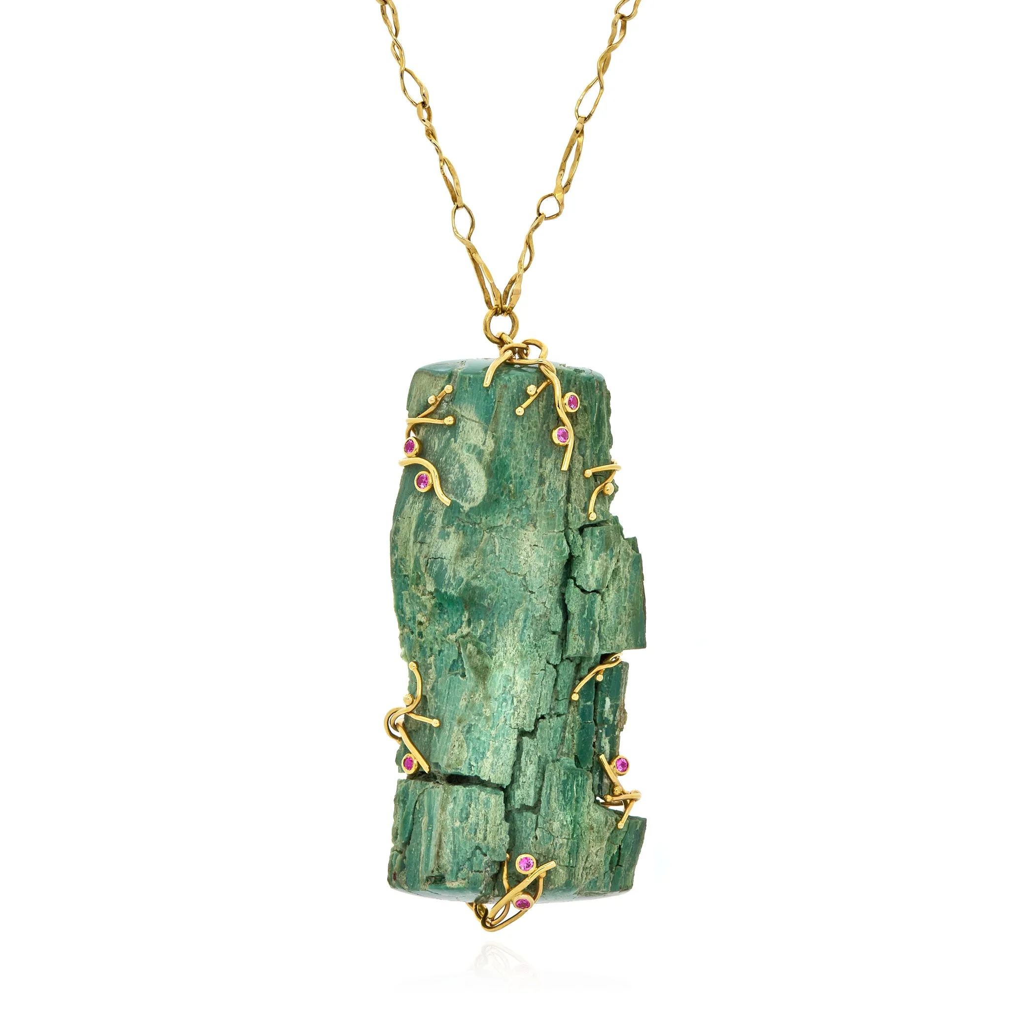 Green petrified wood pendant in 18k yellow gold with pink sapphires