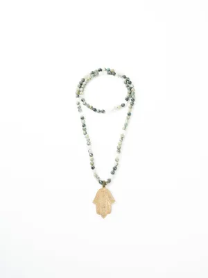 green rutilated necklace - bronze hamsa