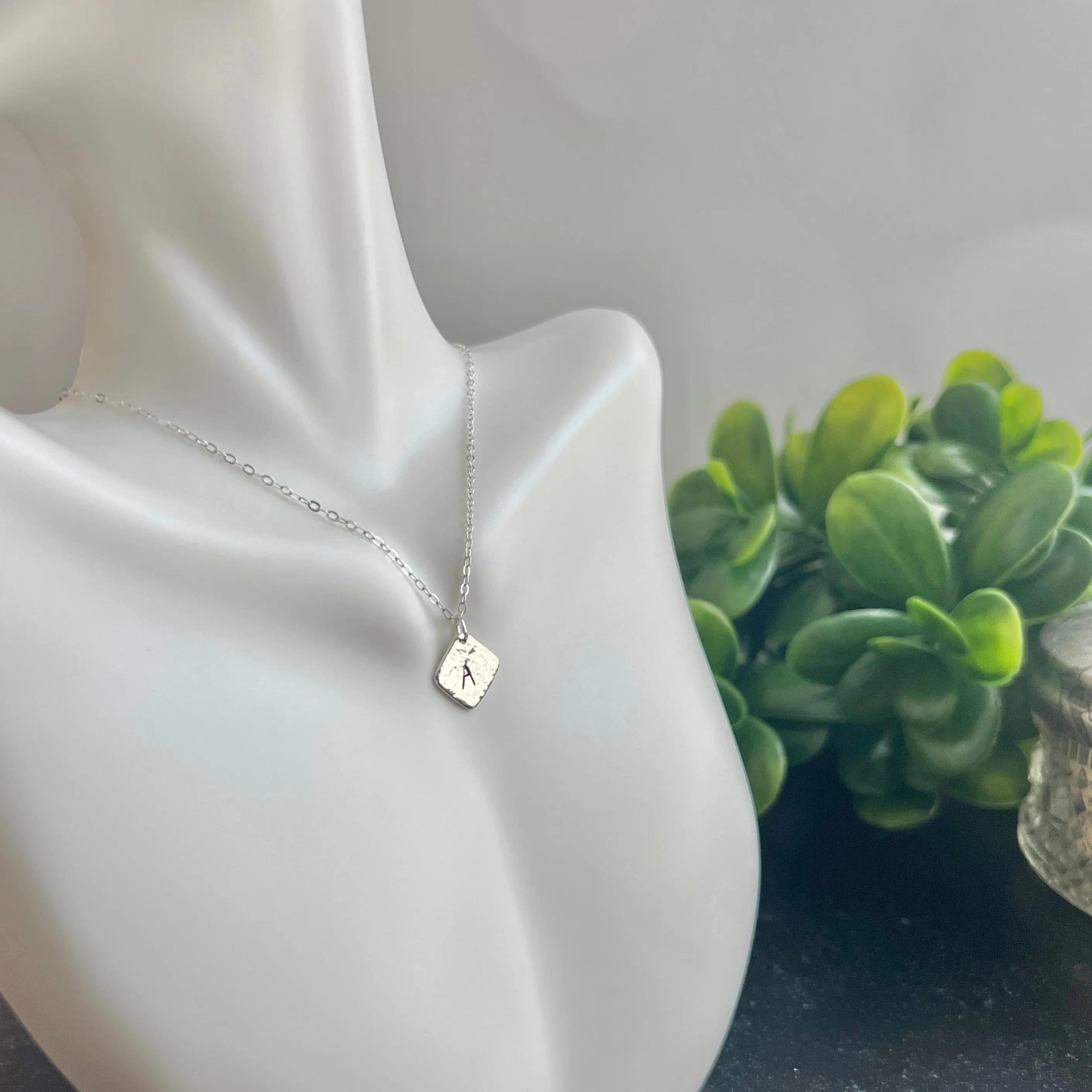 Hammered .925 Sterling Silver Initial Pendant with Fine Sterling Silver Chain