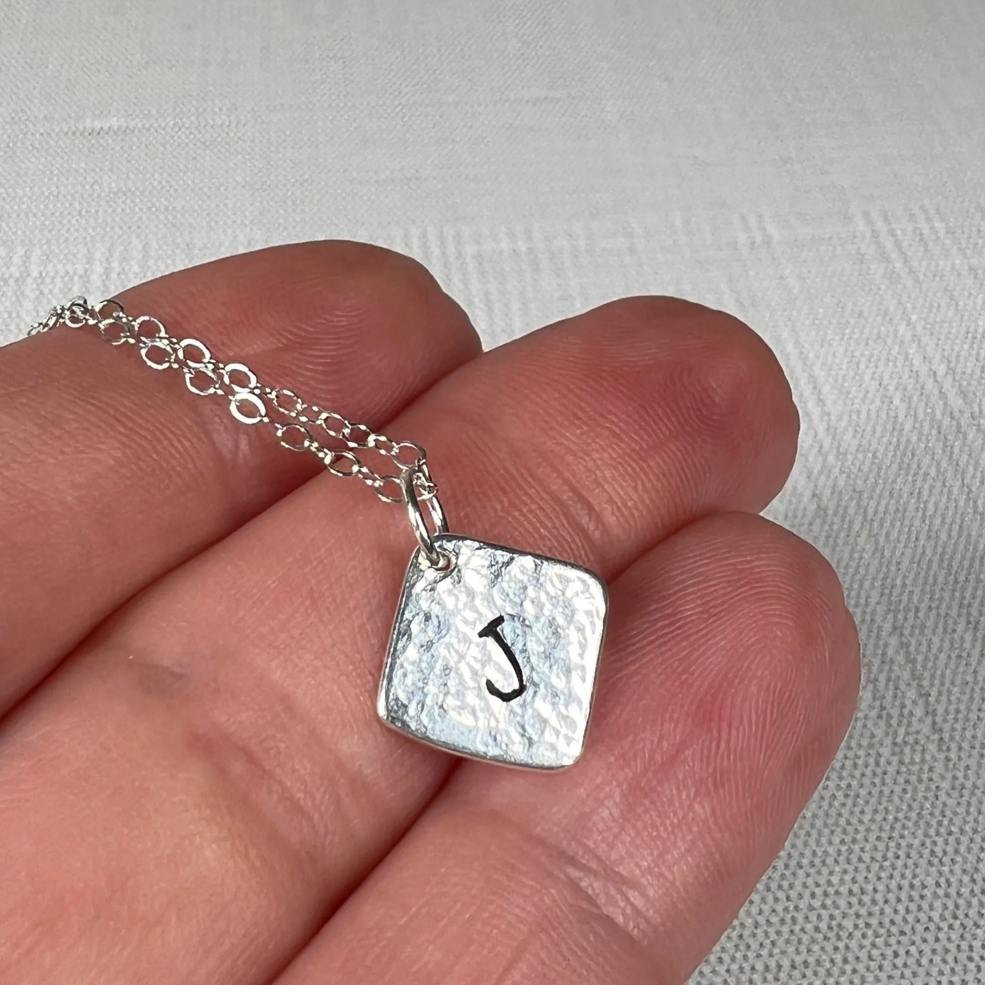 Hammered .925 Sterling Silver Initial Pendant with Fine Sterling Silver Chain