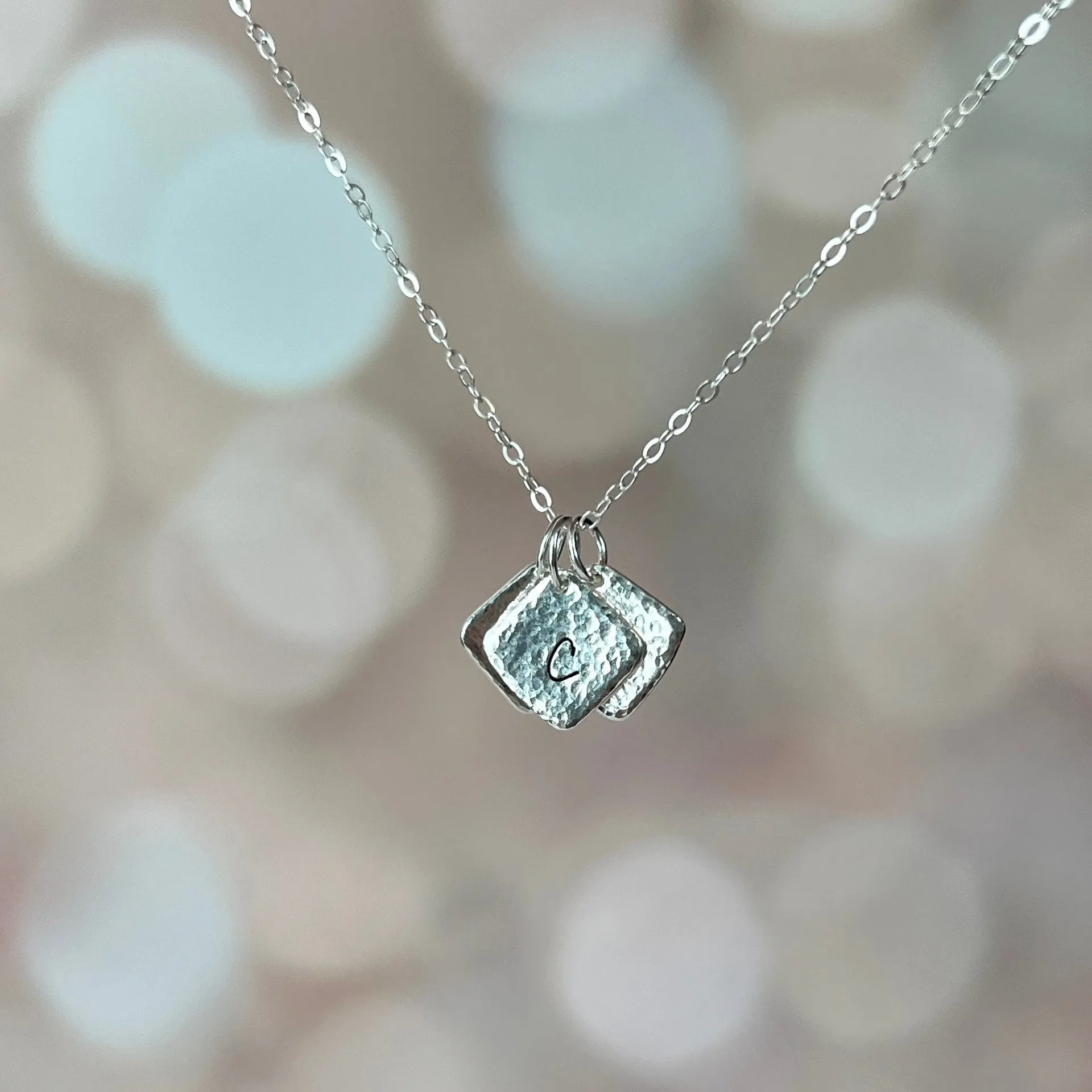 Hammered .925 Sterling Silver Initial Pendant with Fine Sterling Silver Chain