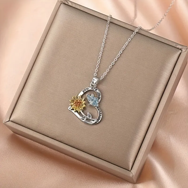 Heart Pendant Necklace Butterfly Sun Flower Pendant Men Women Jewelry