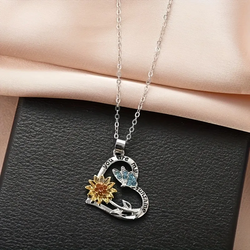 Heart Pendant Necklace Butterfly Sun Flower Pendant Men Women Jewelry