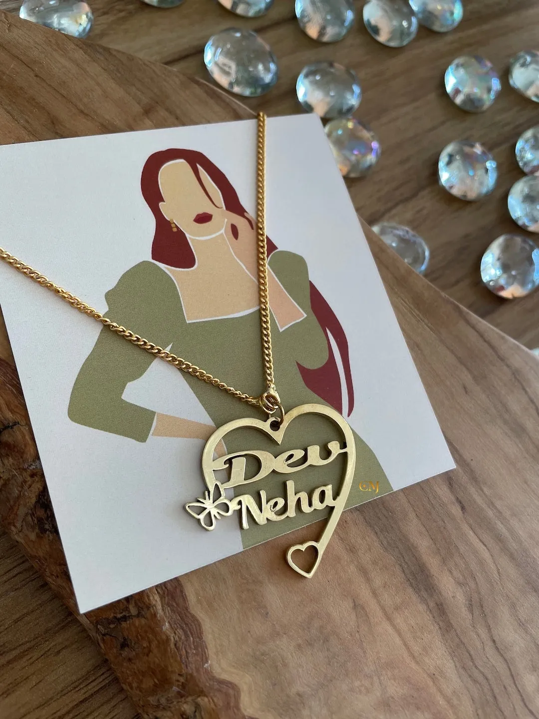 Heart Shape Pendant With 2 Names And A Mini Butterfly