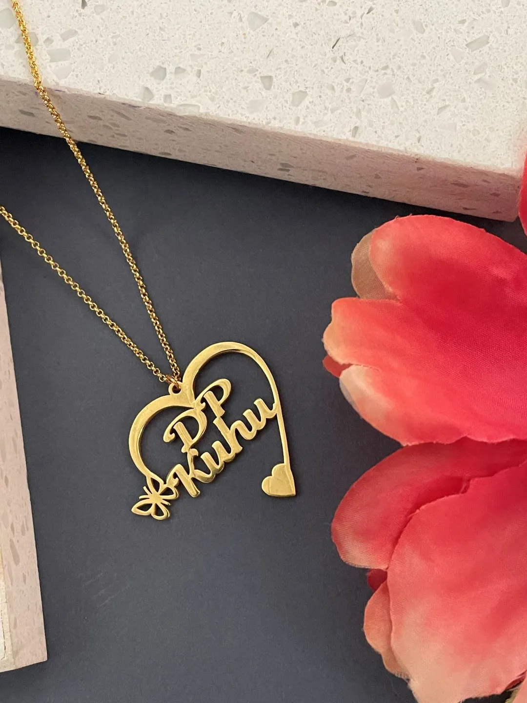Heart Shape Pendant With 2 Names And A Mini Butterfly