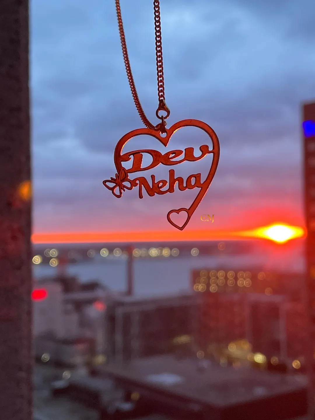 Heart Shape Pendant With 2 Names And A Mini Butterfly