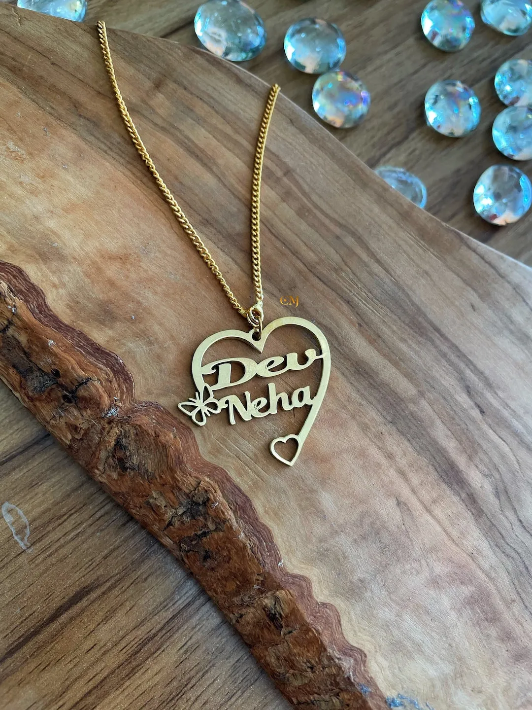Heart Shape Pendant With 2 Names And A Mini Butterfly