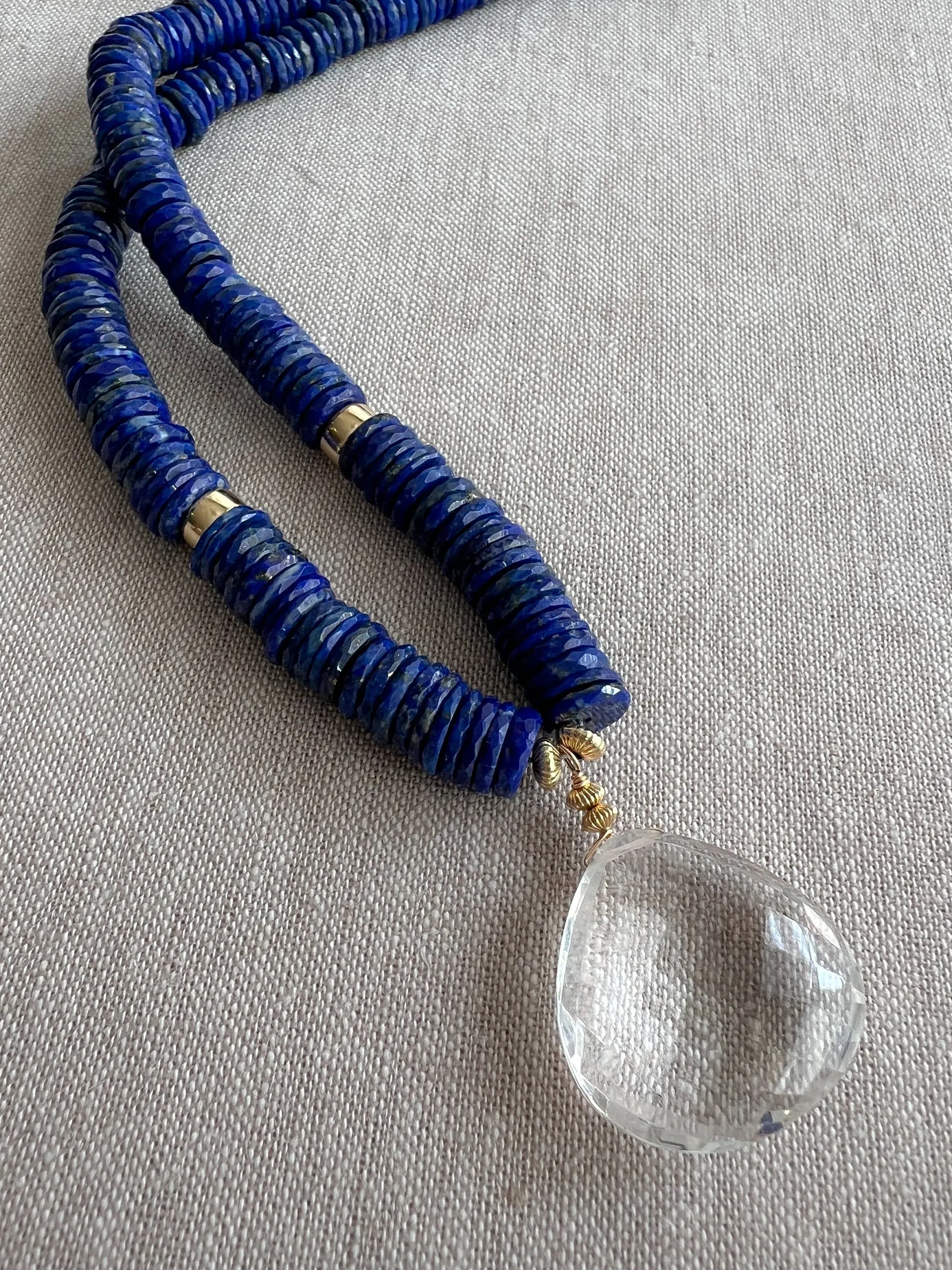 Heishi Lapis Necklace with Clear Quartz Pendant