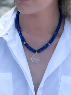 Heishi Lapis Necklace with Clear Quartz Pendant