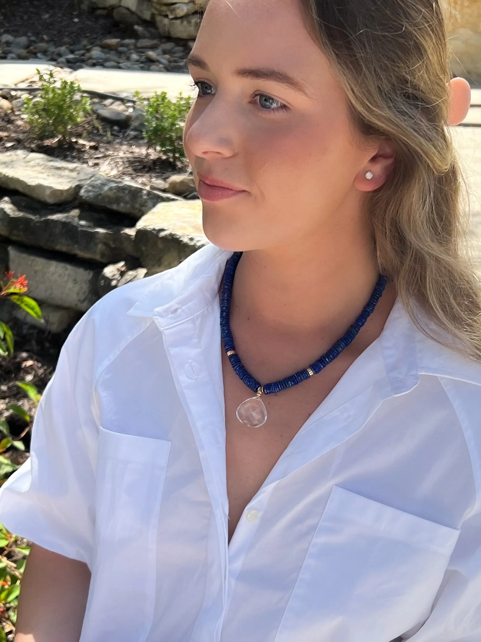 Heishi Lapis Necklace with Clear Quartz Pendant