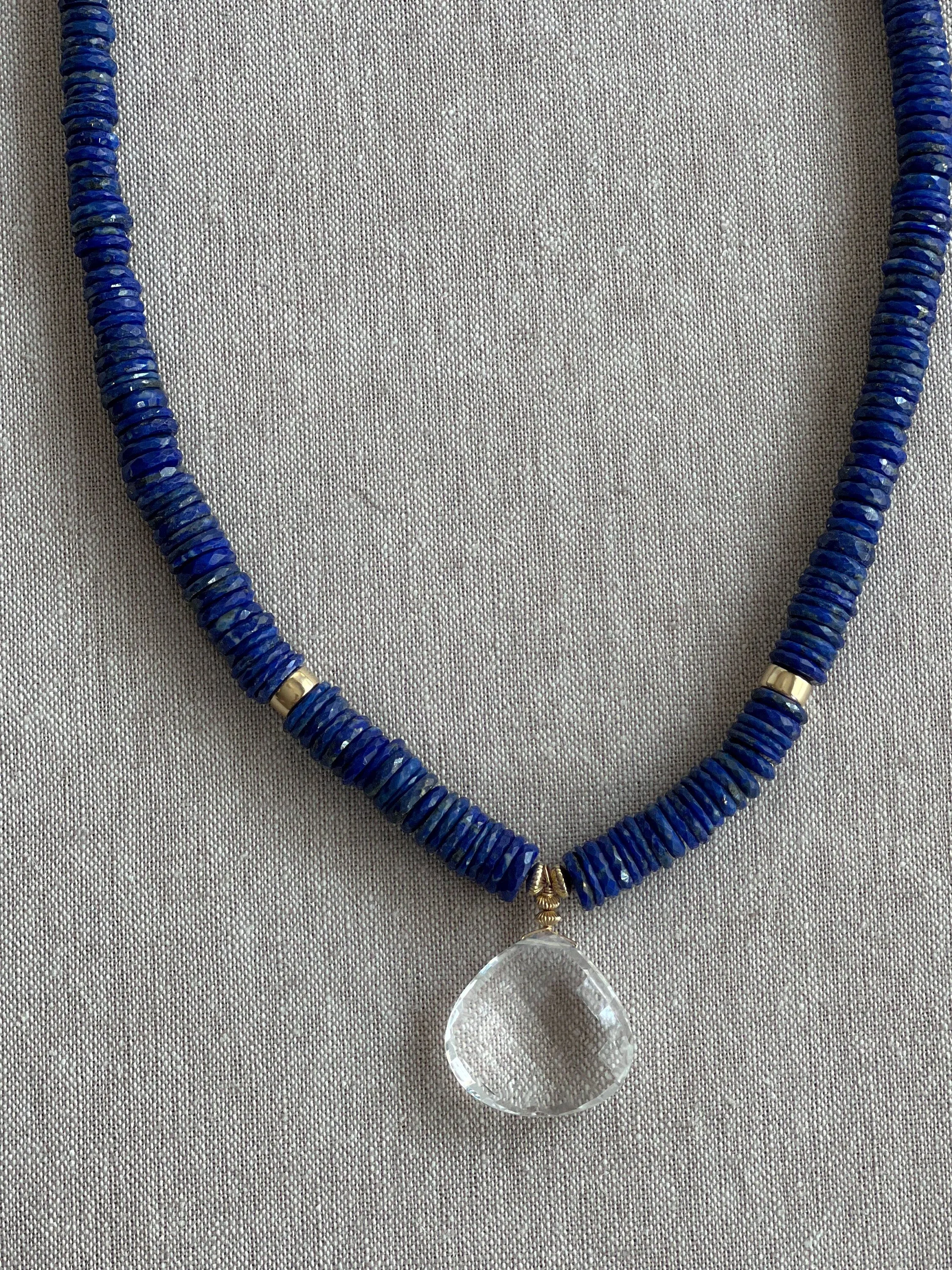 Heishi Lapis Necklace with Clear Quartz Pendant