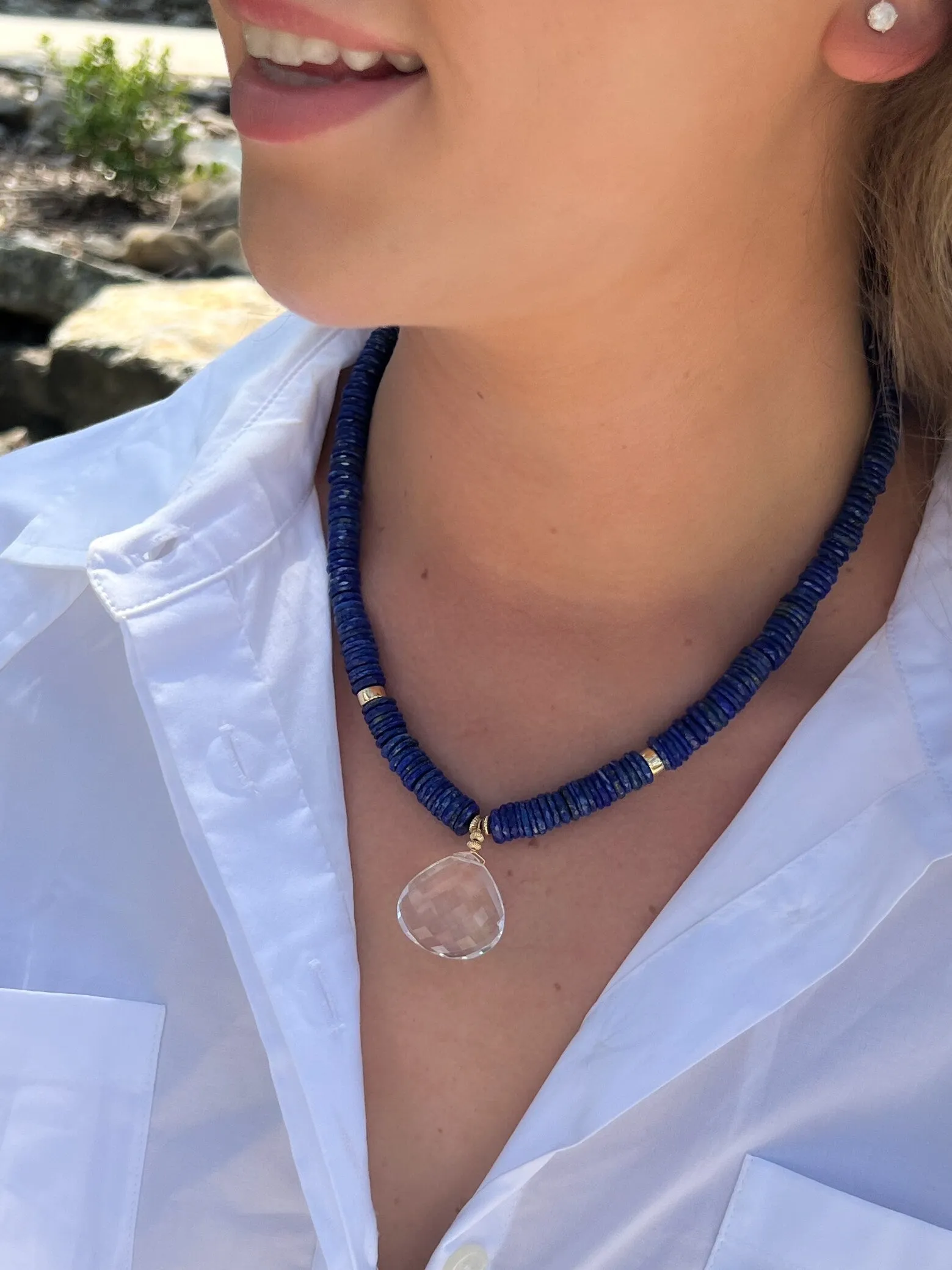 Heishi Lapis Necklace with Clear Quartz Pendant