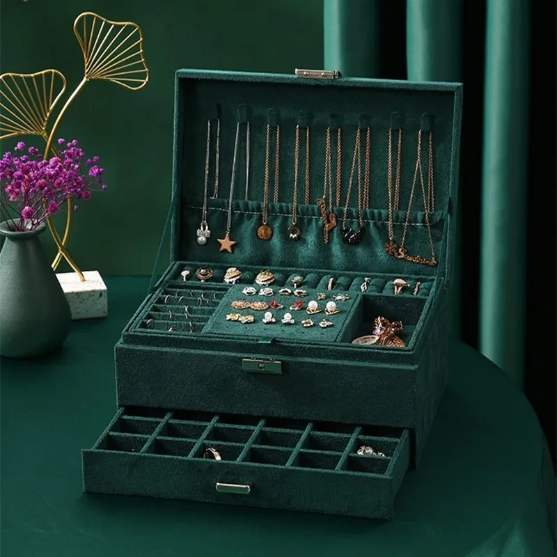 Household Large-capacity Three-layer Flannel Jewelry Box With Lock