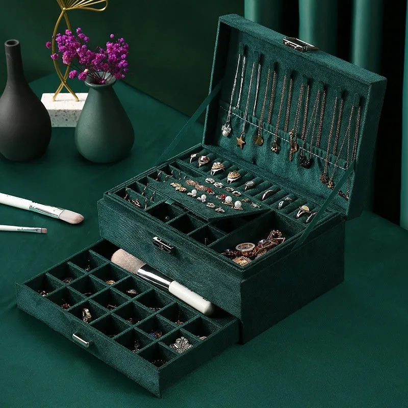 Household Large-capacity Three-layer Flannel Jewelry Box With Lock