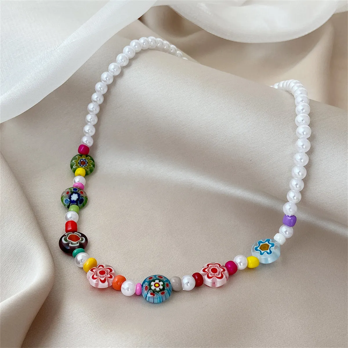 Howlite & Acrylic Pearl Flower Station Necklace