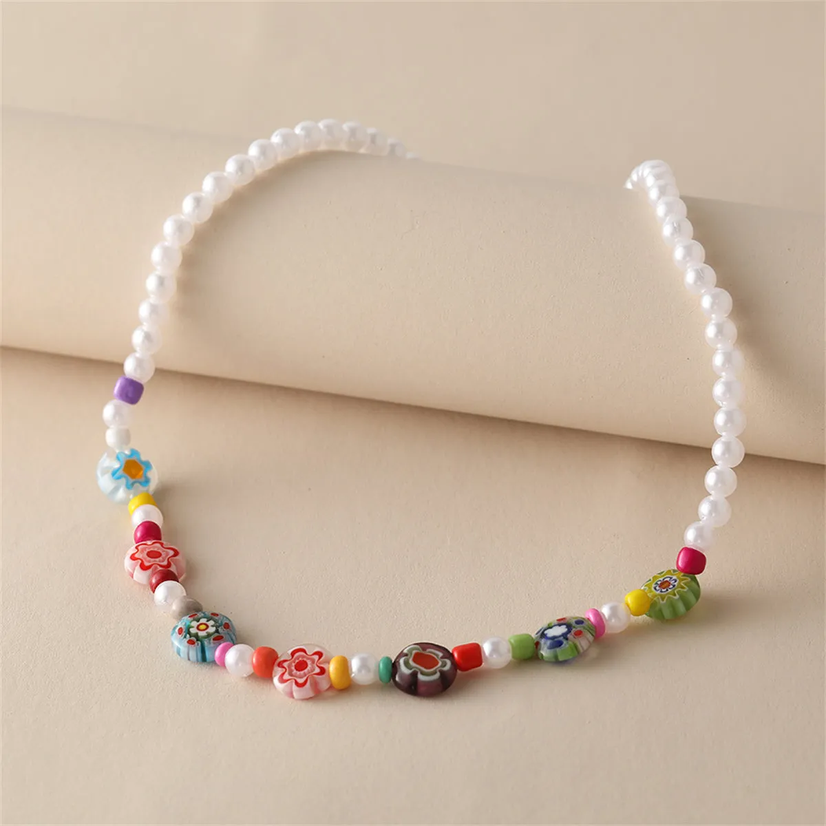 Howlite & Acrylic Pearl Flower Station Necklace