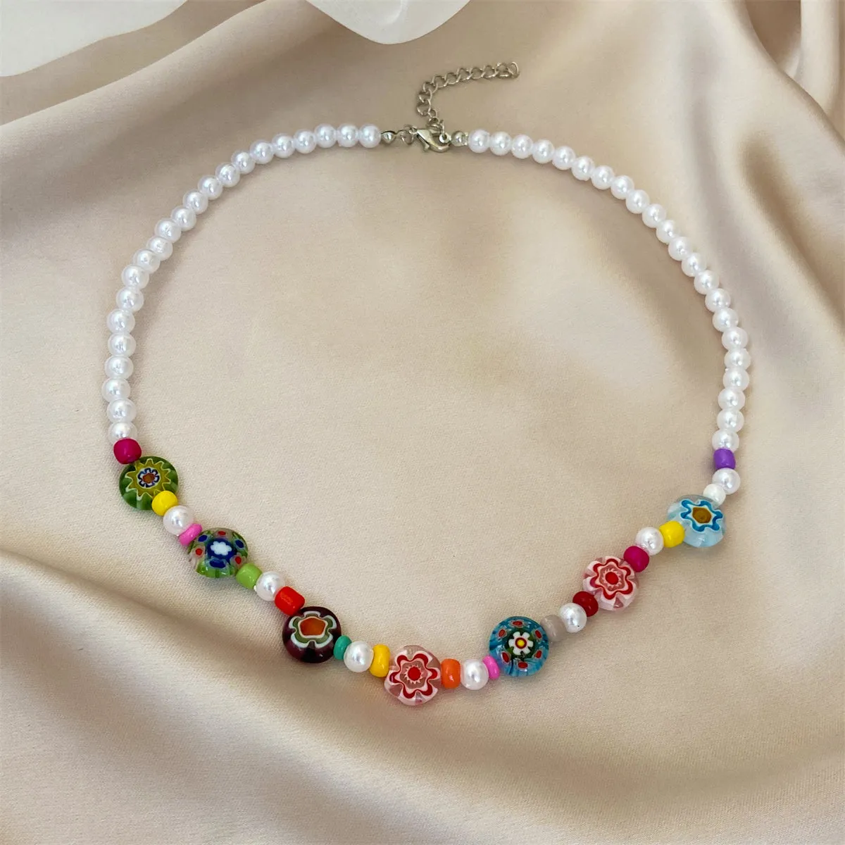 Howlite & Acrylic Pearl Flower Station Necklace