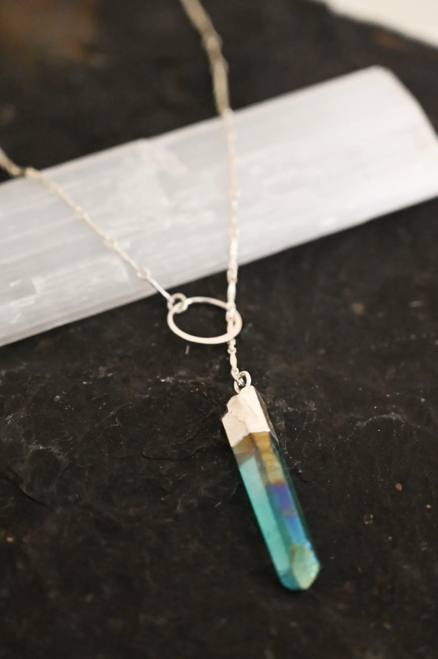 I Am Limitless Blue Aura Quartz Silver Lariat Necklace