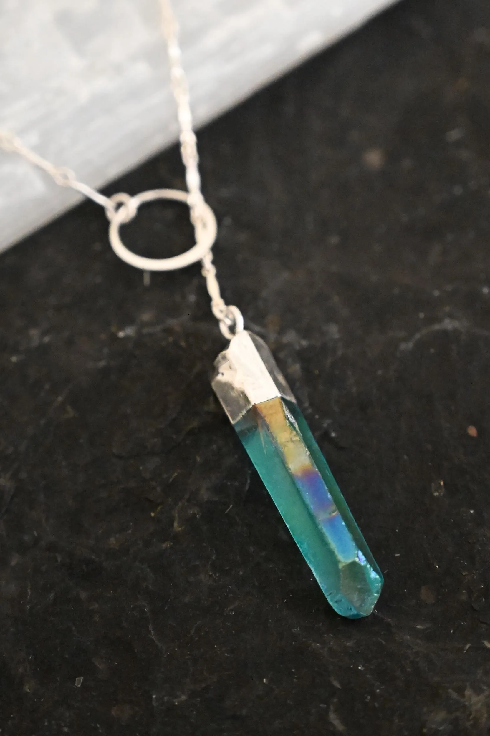 I Am Limitless Blue Aura Quartz Silver Lariat Necklace
