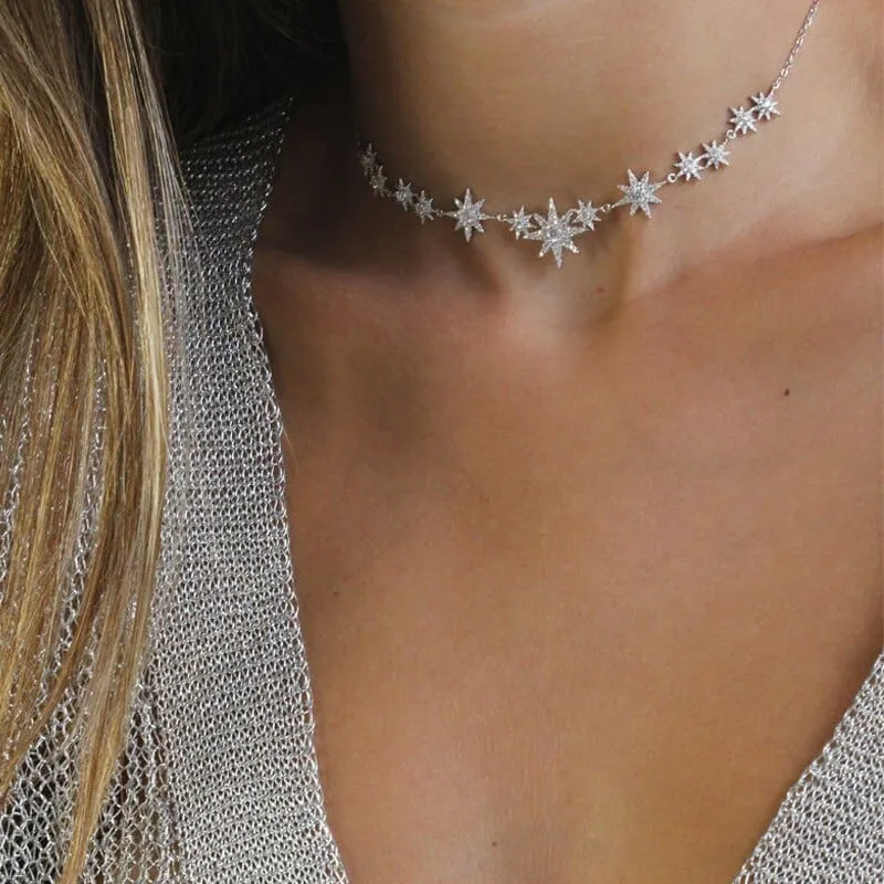 Iced Out Bling CZ Star Starburst Charm Necklaces For Women