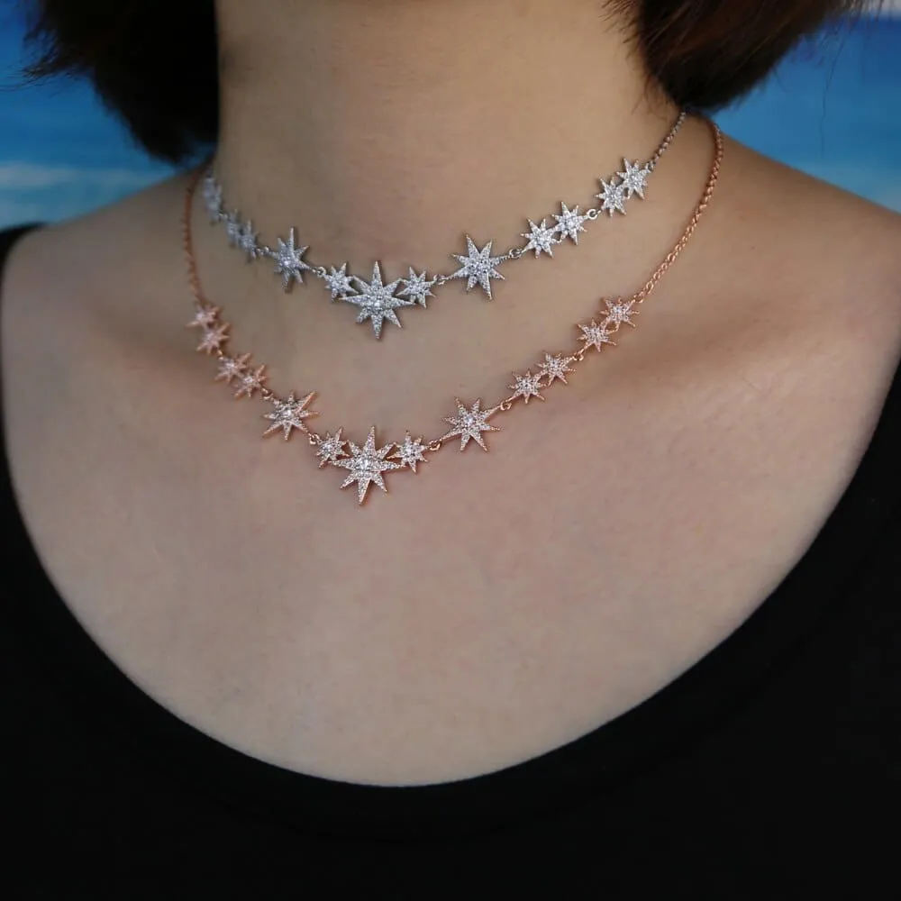 Iced Out Bling CZ Star Starburst Charm Necklaces For Women