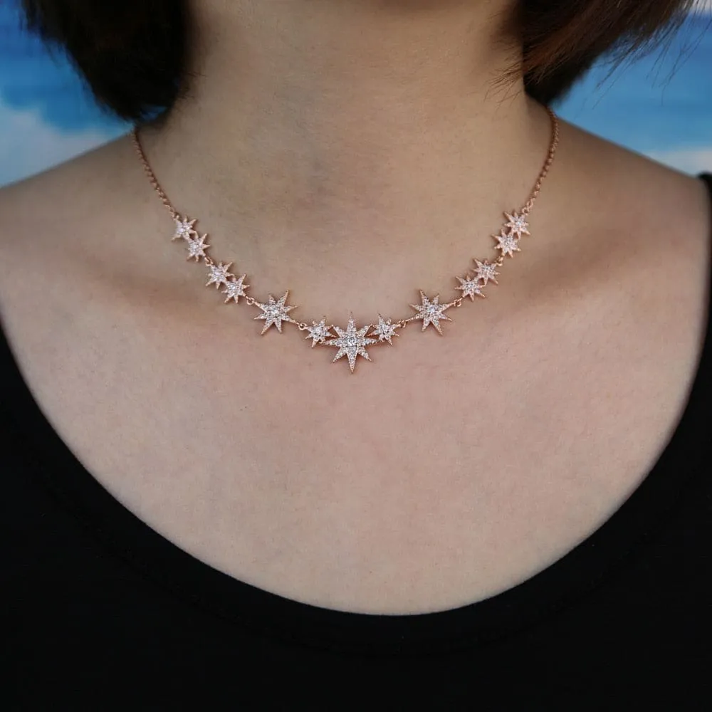 Iced Out Bling CZ Star Starburst Charm Necklaces For Women