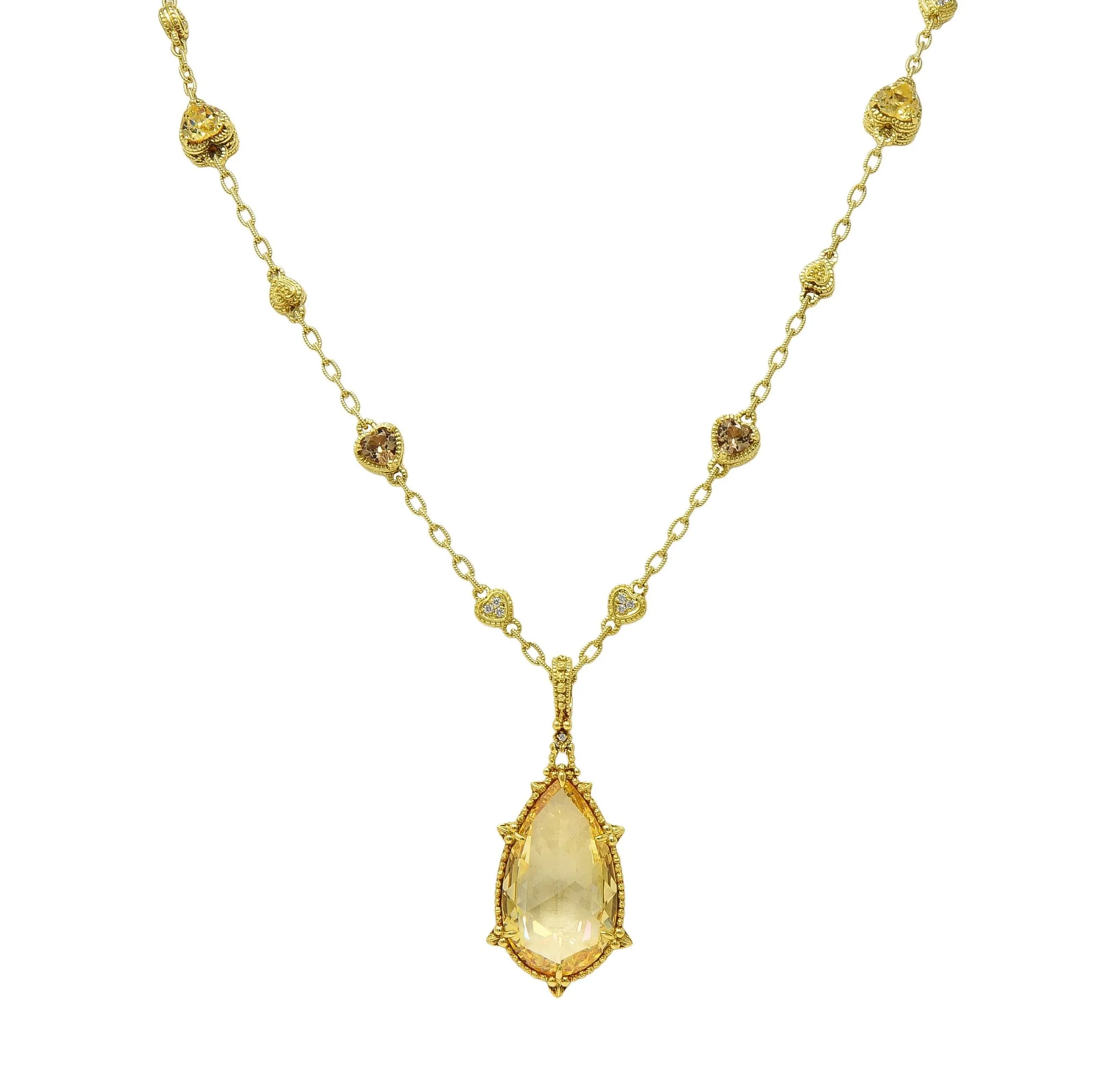 Judith Ripka 2000's Diamond Canary Crystal Quartz Heart Drop Pendant Necklace