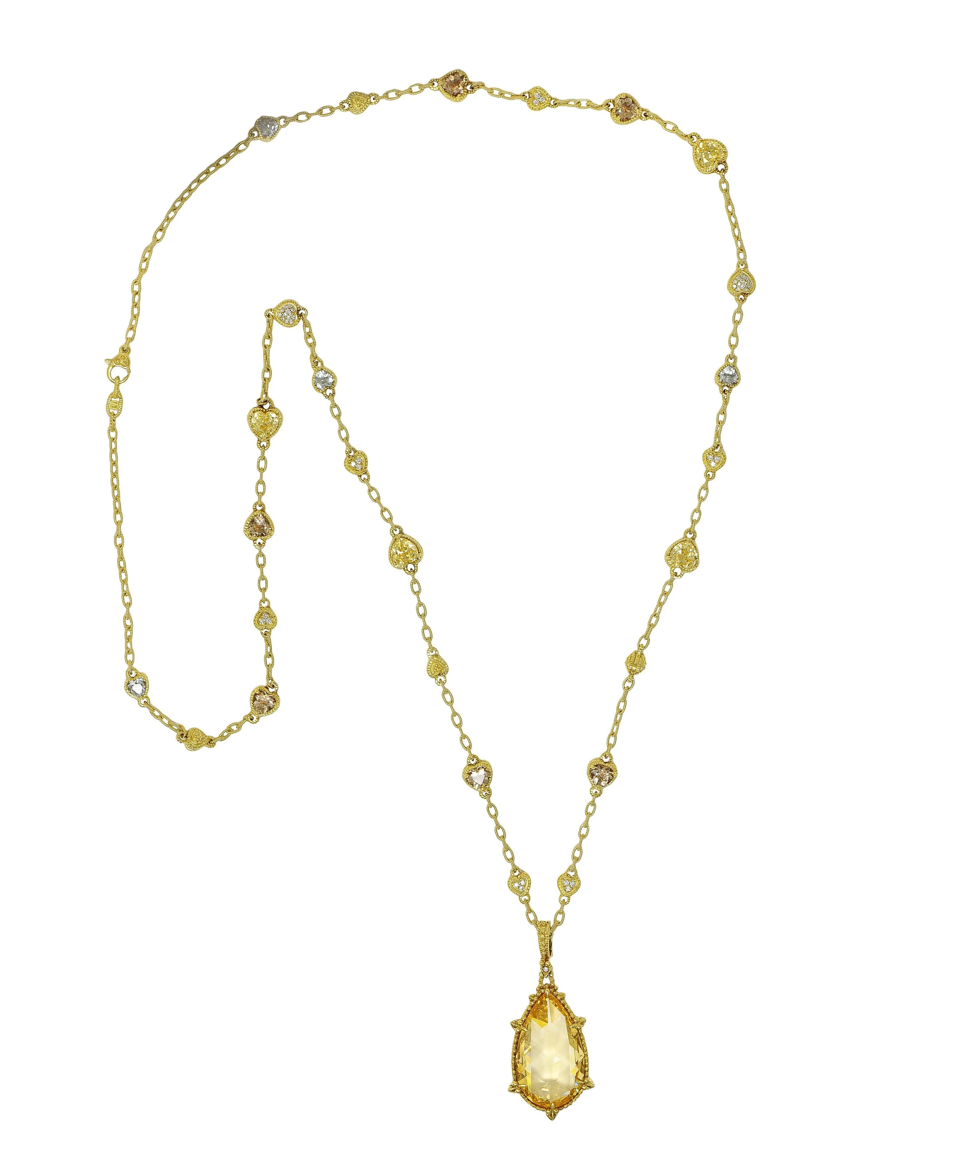Judith Ripka 2000's Diamond Canary Crystal Quartz Heart Drop Pendant Necklace