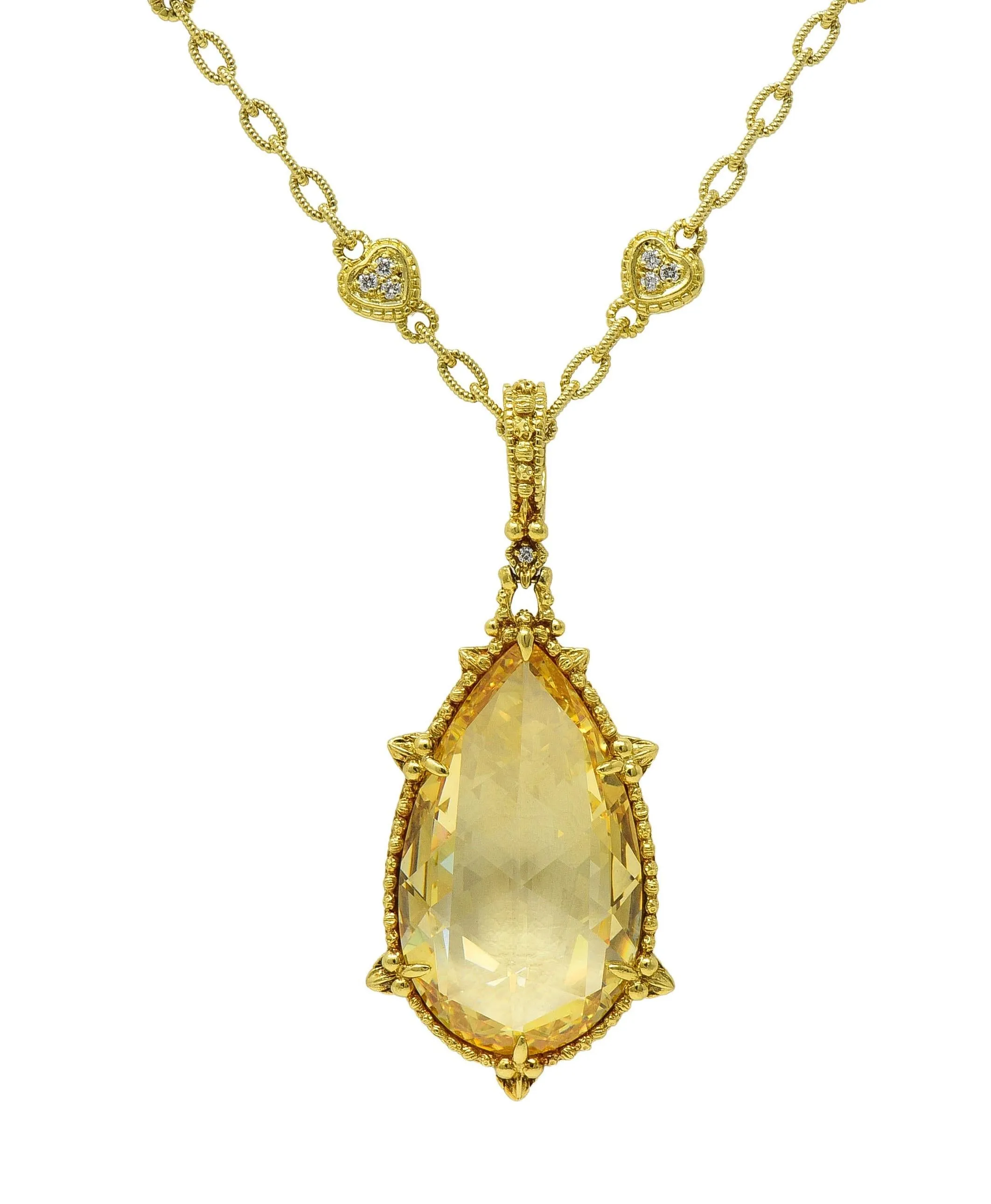 Judith Ripka 2000's Diamond Canary Crystal Quartz Heart Drop Pendant Necklace