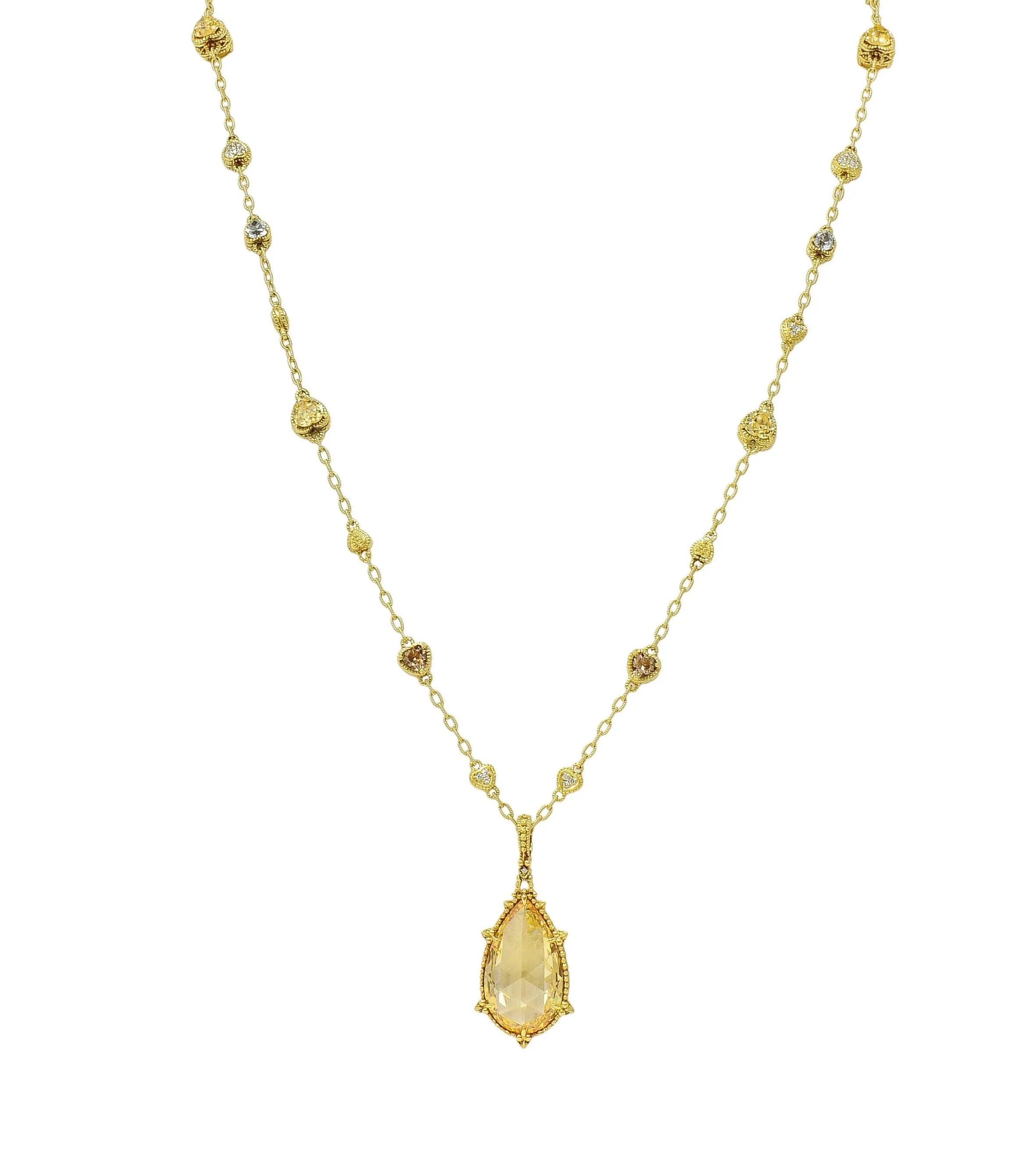 Judith Ripka 2000's Diamond Canary Crystal Quartz Heart Drop Pendant Necklace