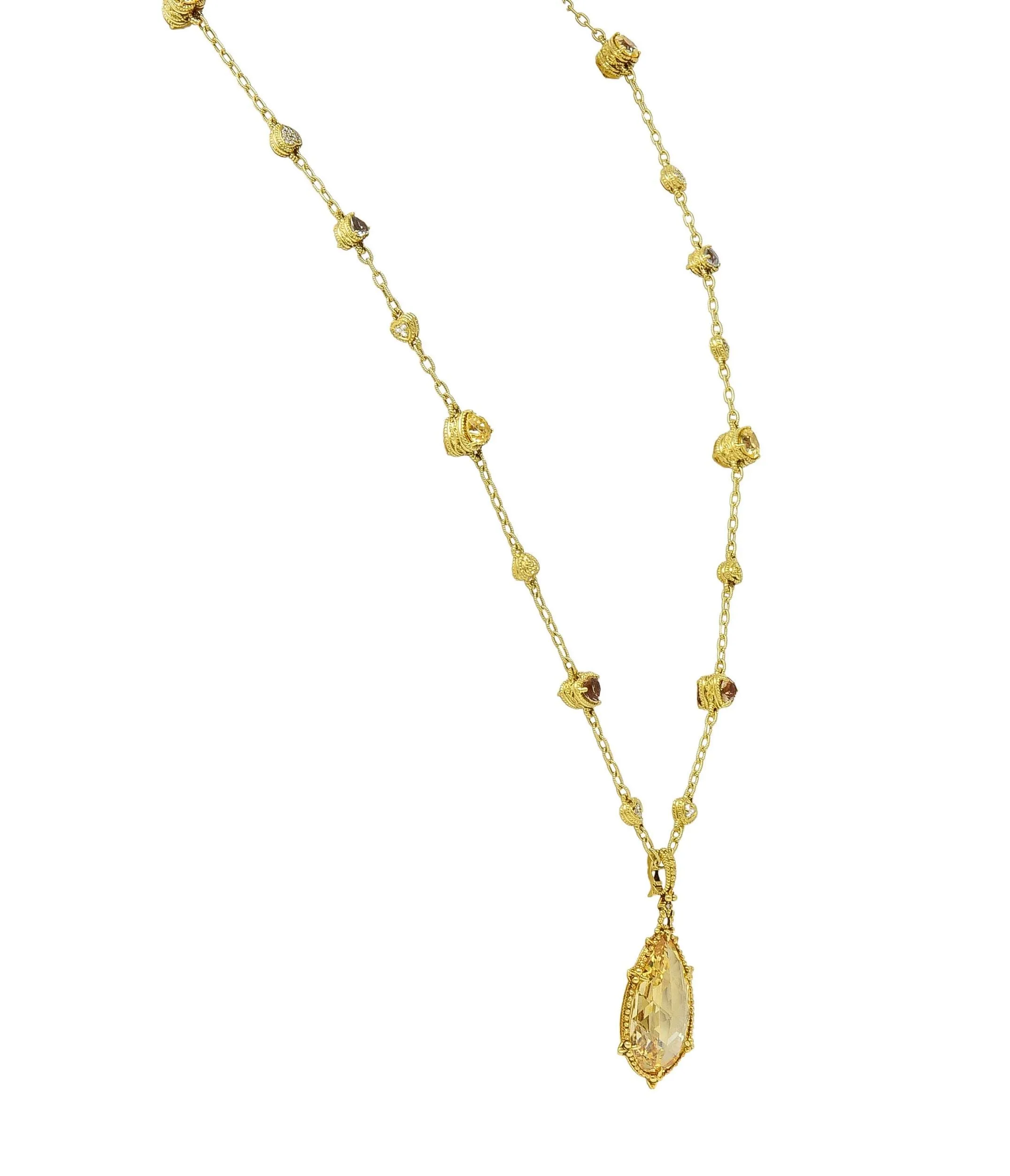 Judith Ripka 2000's Diamond Canary Crystal Quartz Heart Drop Pendant Necklace