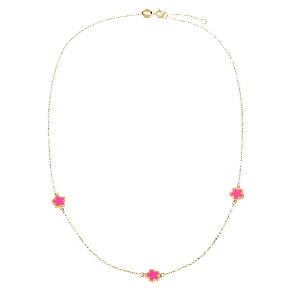 Kids Pink Enamel Mini Flower Embedded Necklace 14K