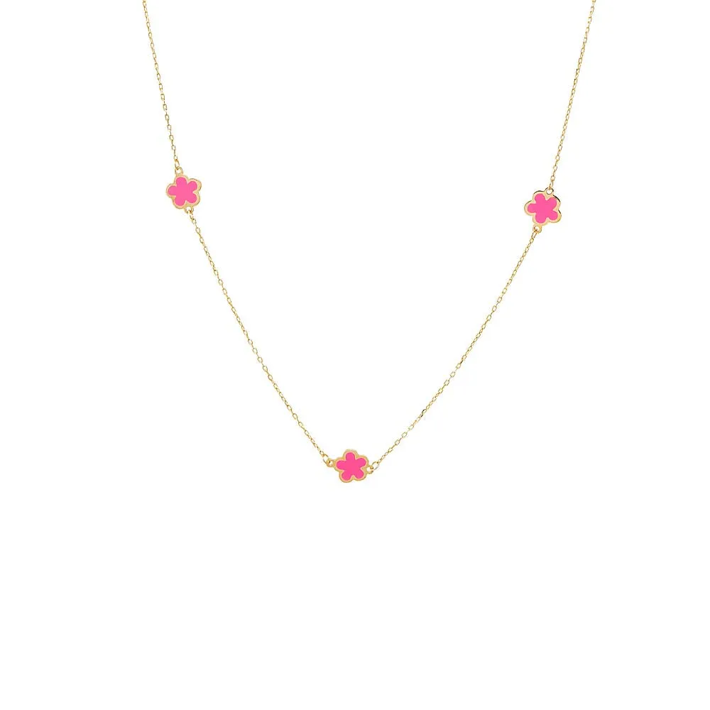 Kids Pink Enamel Mini Flower Embedded Necklace 14K