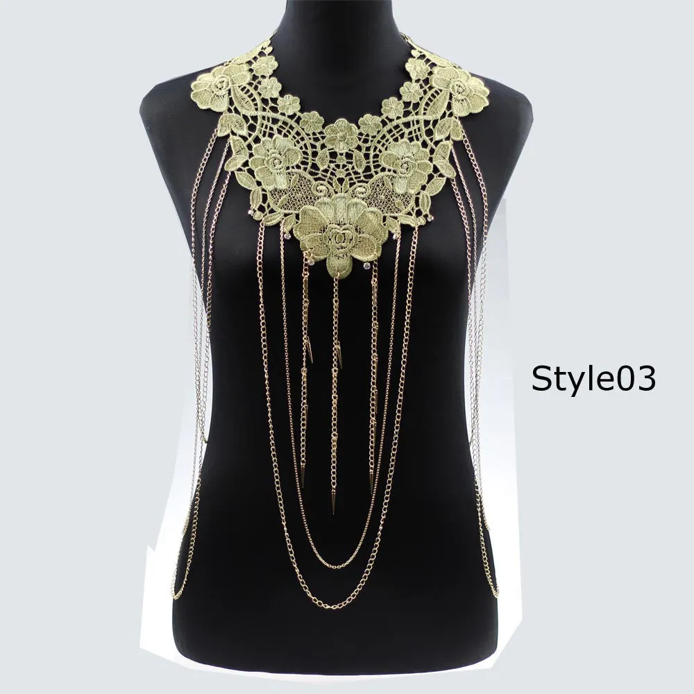 Lace Body chain Women Flower Collar Choker Gold Body Chains Hollow out Gothic Big body Necklace Multilayer Party Jewelry