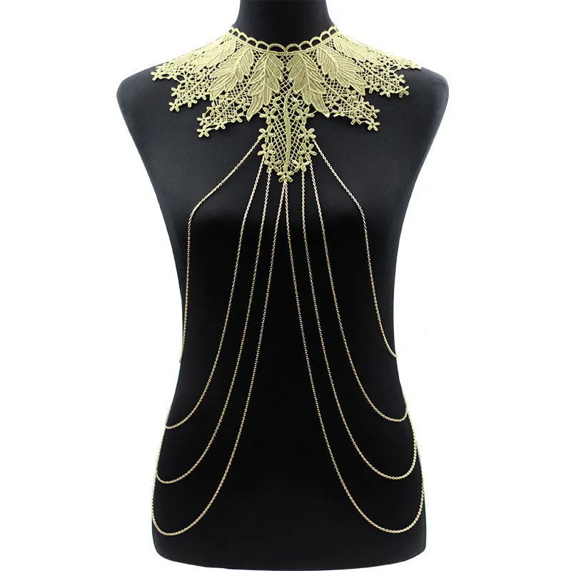 Lace Body chain Women Flower Collar Choker Gold Body Chains Hollow out Gothic Big body Necklace Multilayer Party Jewelry