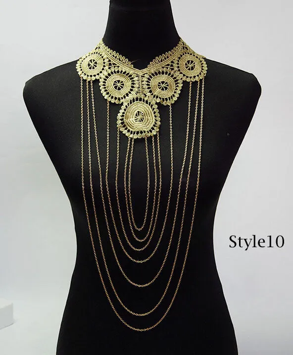 Lace Body chain Women Flower Collar Choker Gold Body Chains Hollow out Gothic Big body Necklace Multilayer Party Jewelry